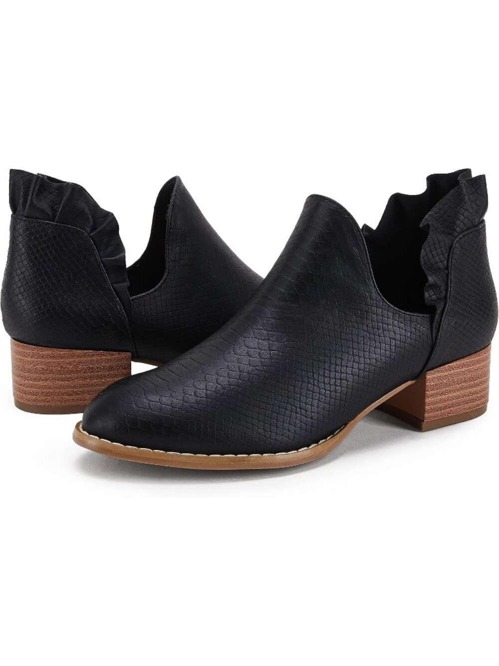 Women's Cool Black Faux Leather Fall Cutout Low Stacked Ruffle Ankle Booties